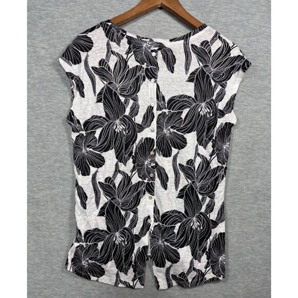 Tahari Womens Top M 100% Linen Black White Floral Button Back - Picture 3 of 5
